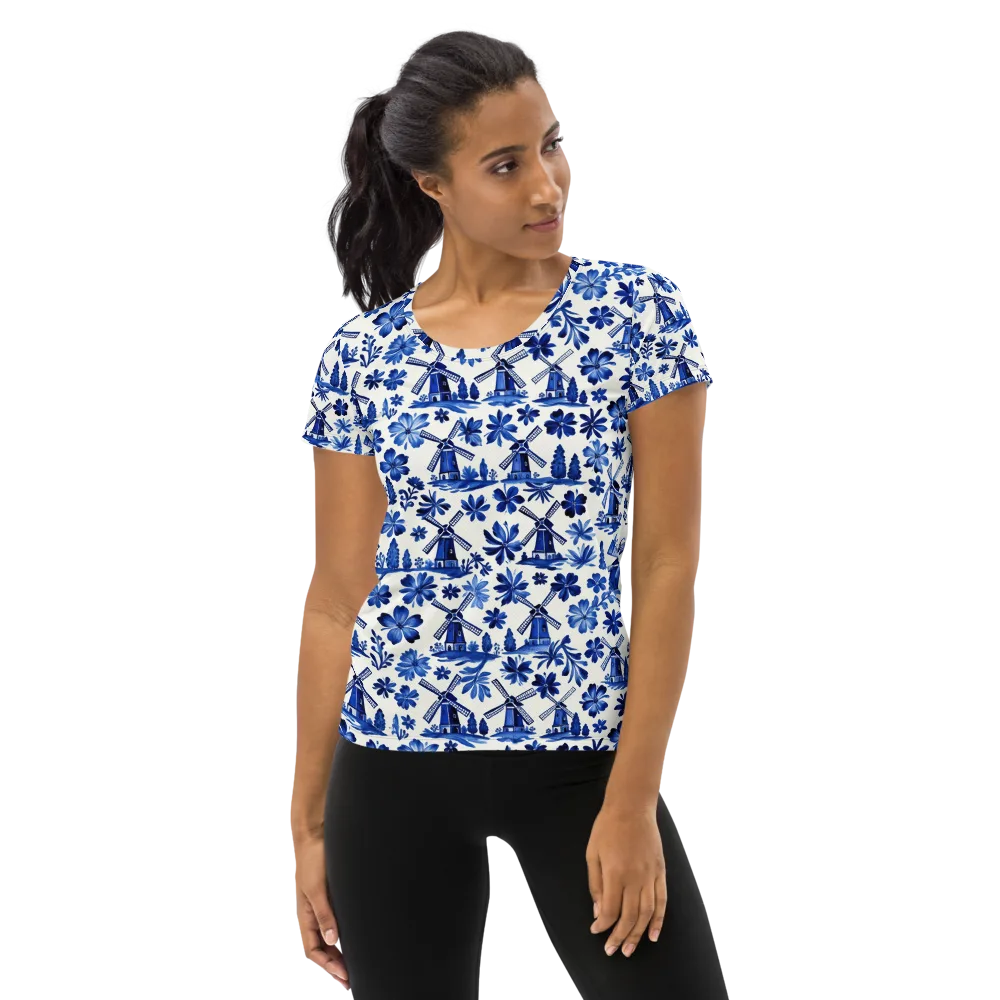 Cobalt Windmill Garden on Women's Athletic T-Shirt — Front