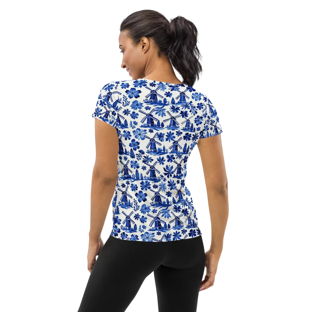 Cobalt Windmill Garden on Women's Athletic T-Shirt — Back
