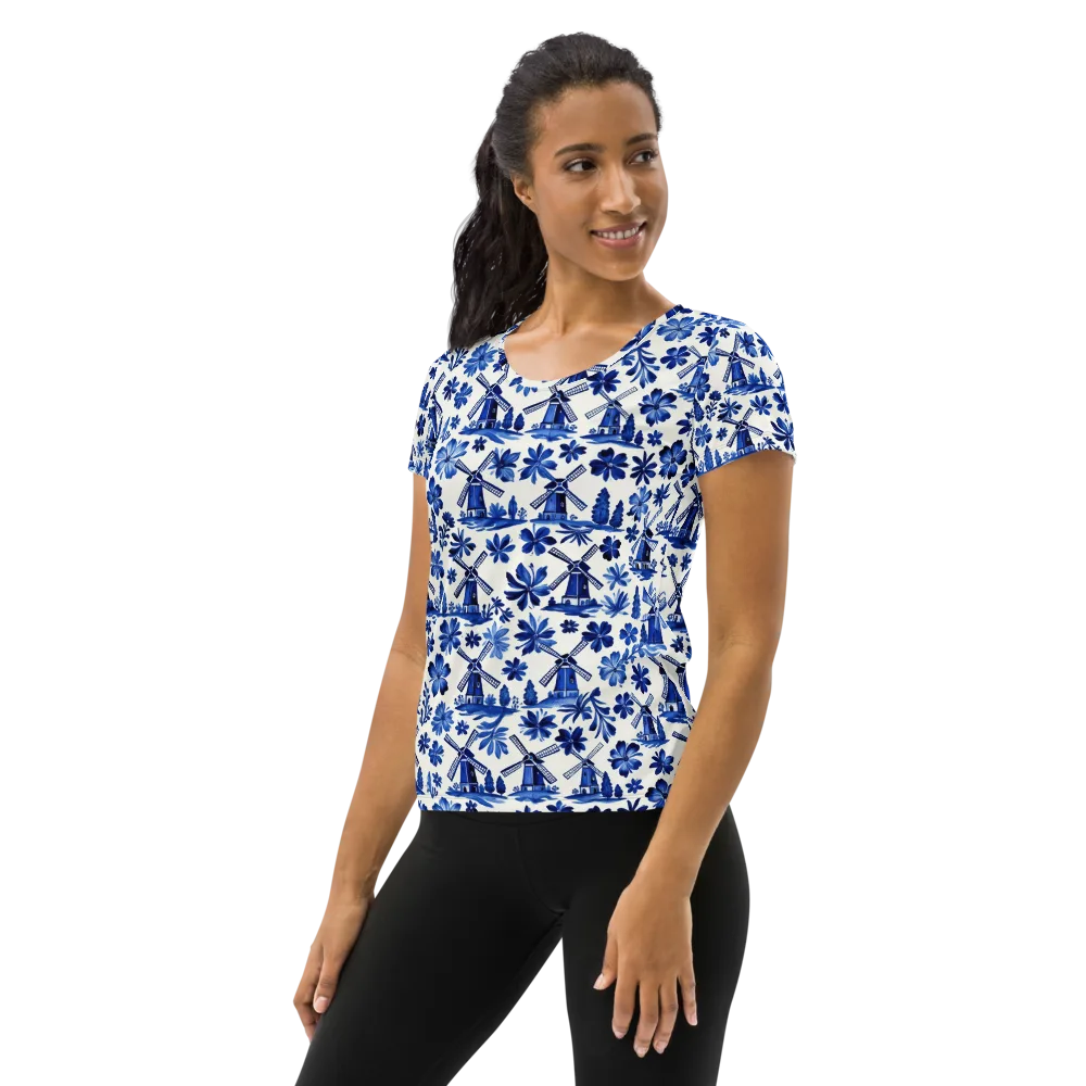 Cobalt Windmill Garden on Women's Athletic T-Shirt — Left