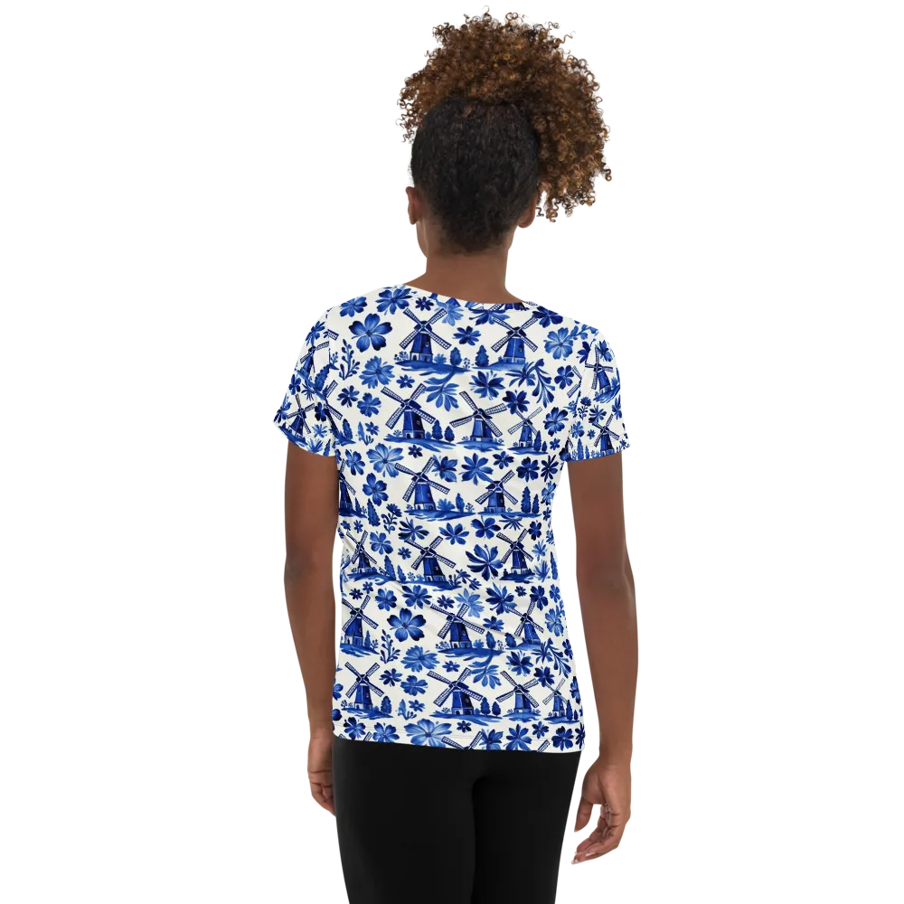 Cobalt Windmill Garden on Women's Athletic T-Shirt — Back