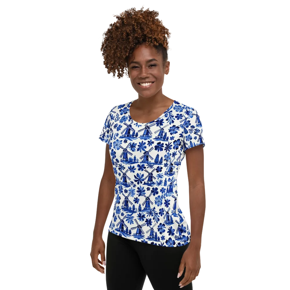 Cobalt Windmill Garden on Women's Athletic T-Shirt — Left