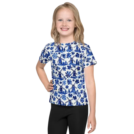 Cobalt Windmill Garden on a Kids Crew Neck T-Shirt