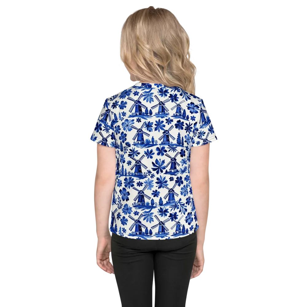 Cobalt Windmill Garden on Kids Crew Neck T-Shirt — Back