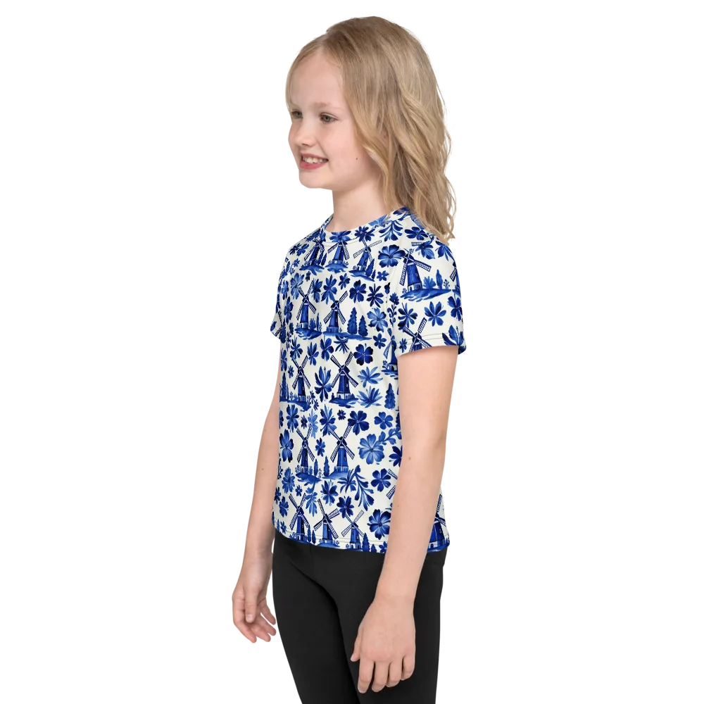 Cobalt Windmill Garden on Kids Crew Neck T-Shirt — Left