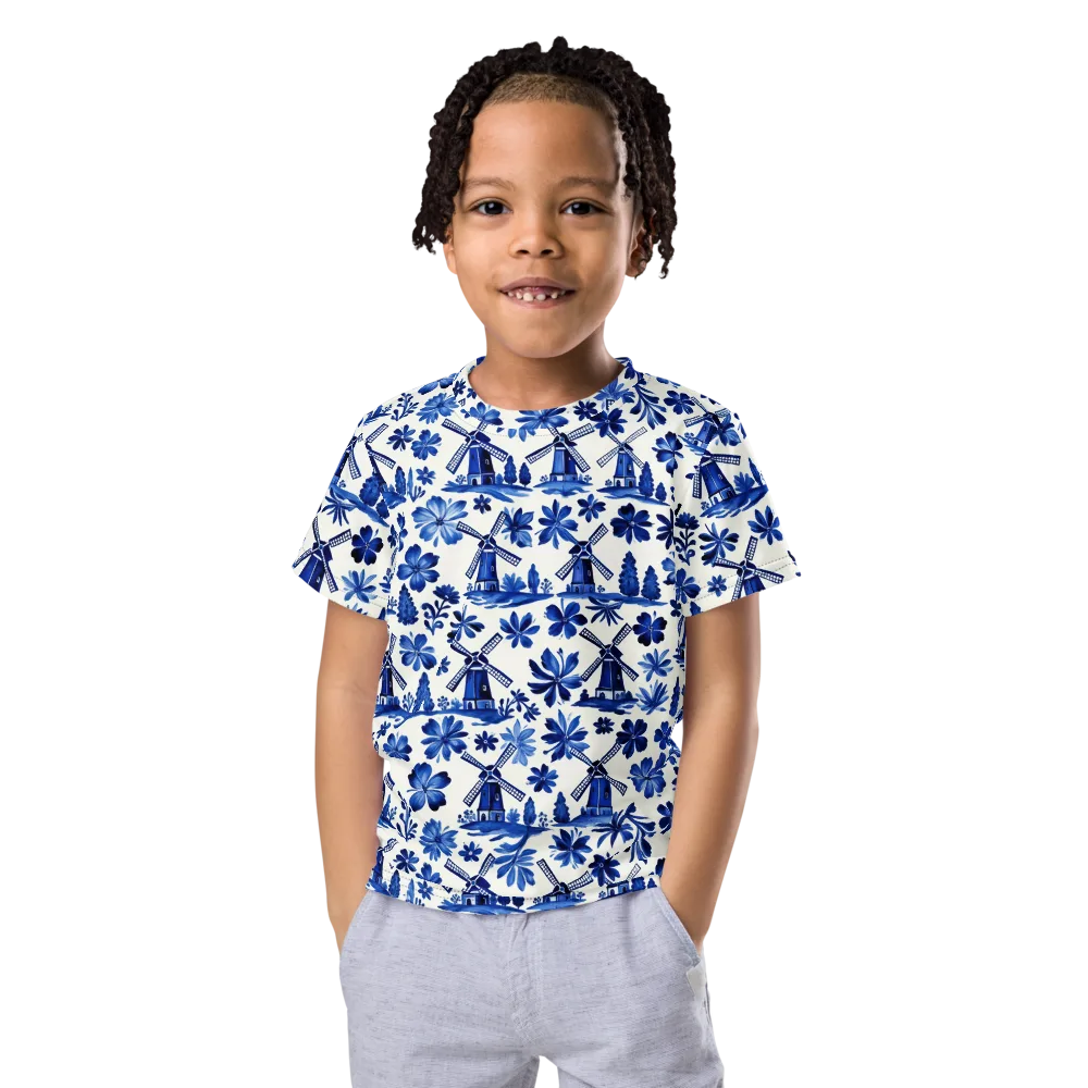 Cobalt Windmill Garden on Kids Crew Neck T-Shirt — Front