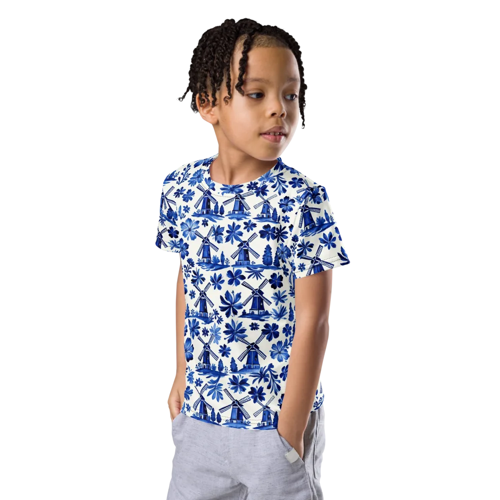 Cobalt Windmill Garden on Kids Crew Neck T-Shirt — Left Front