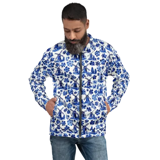 Cobalt Windmill Garden on a Bomber Jacket