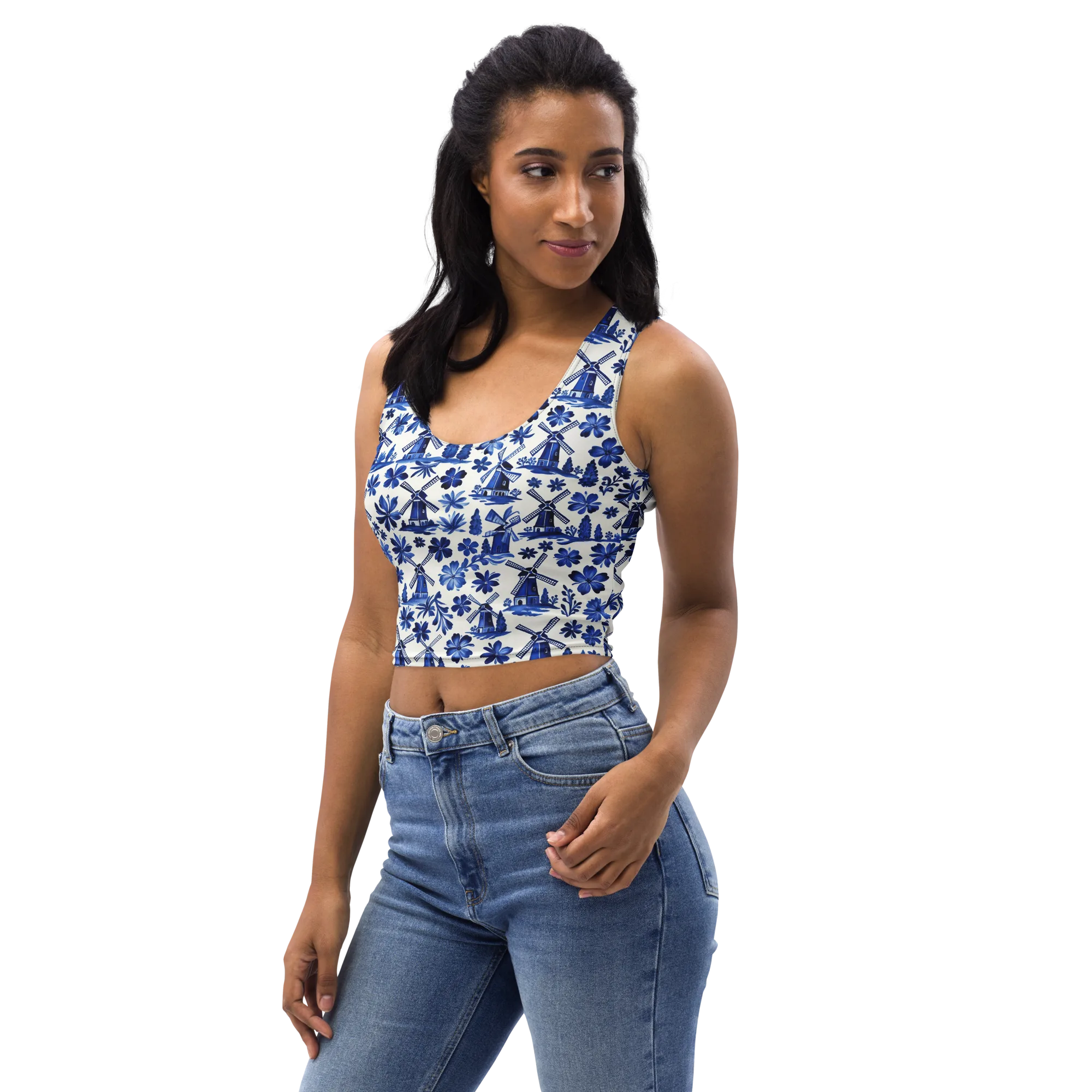 Cobalt Windmill Garden on Crop Top — Left Front