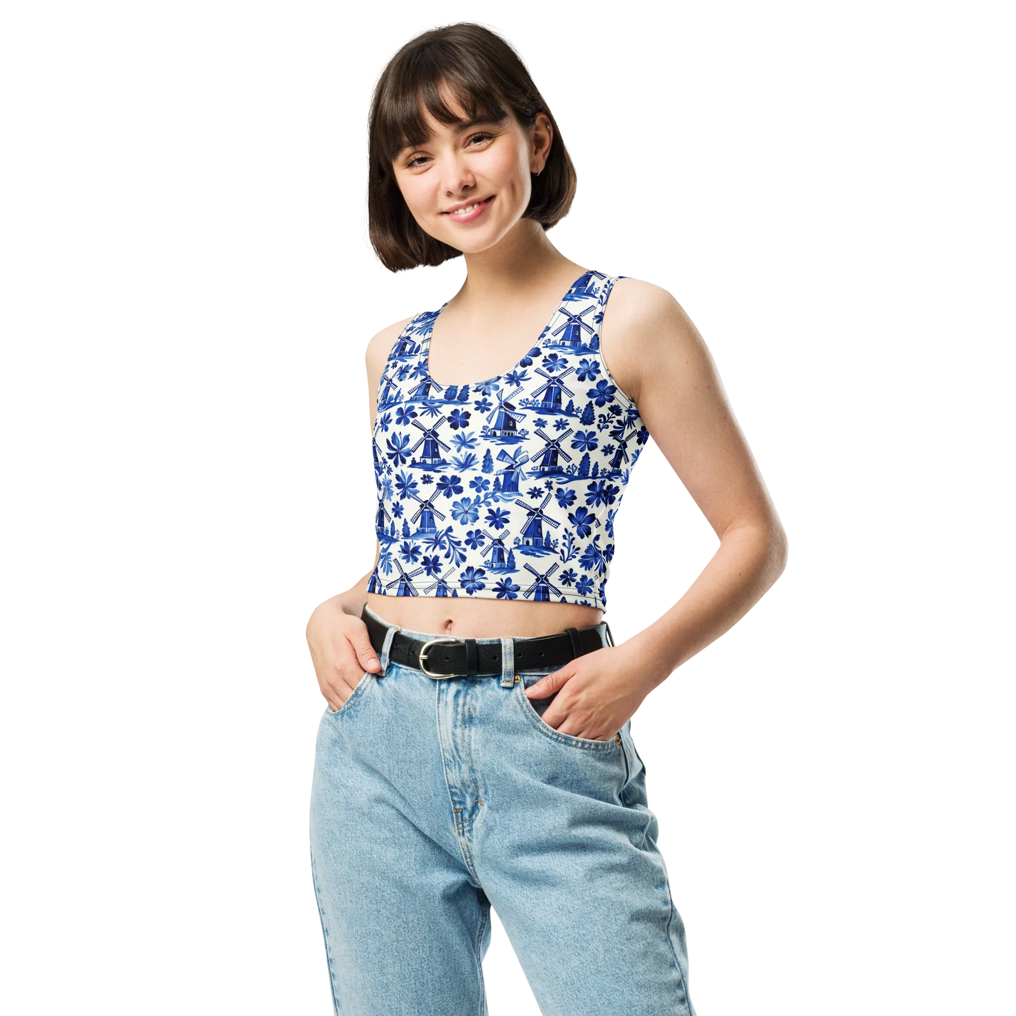Cobalt Windmill Garden on Crop Top — Front