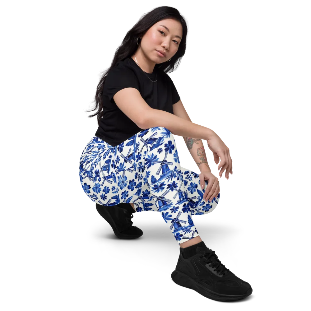 Cobalt Windmill Garden on Leggings with Pockets — Right Front