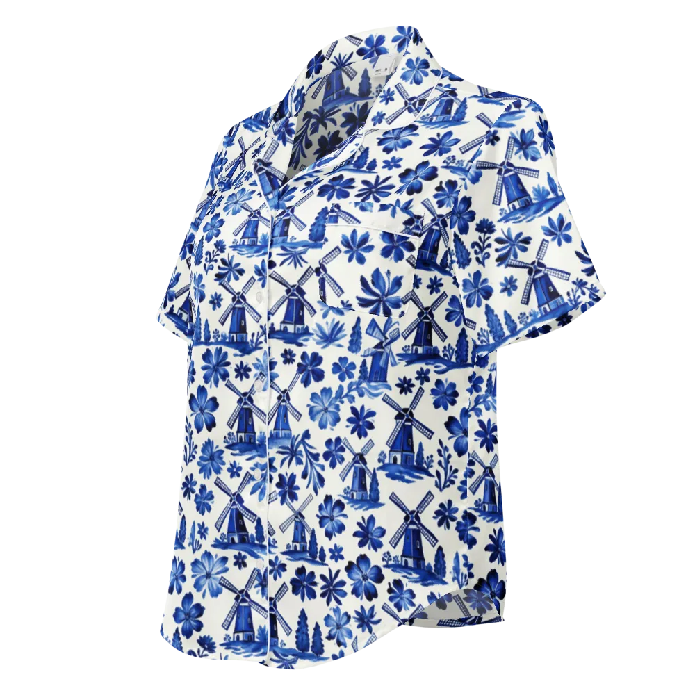 Cobalt Windmill Garden on Women's Short Sleeve Pajama Top — Left Front