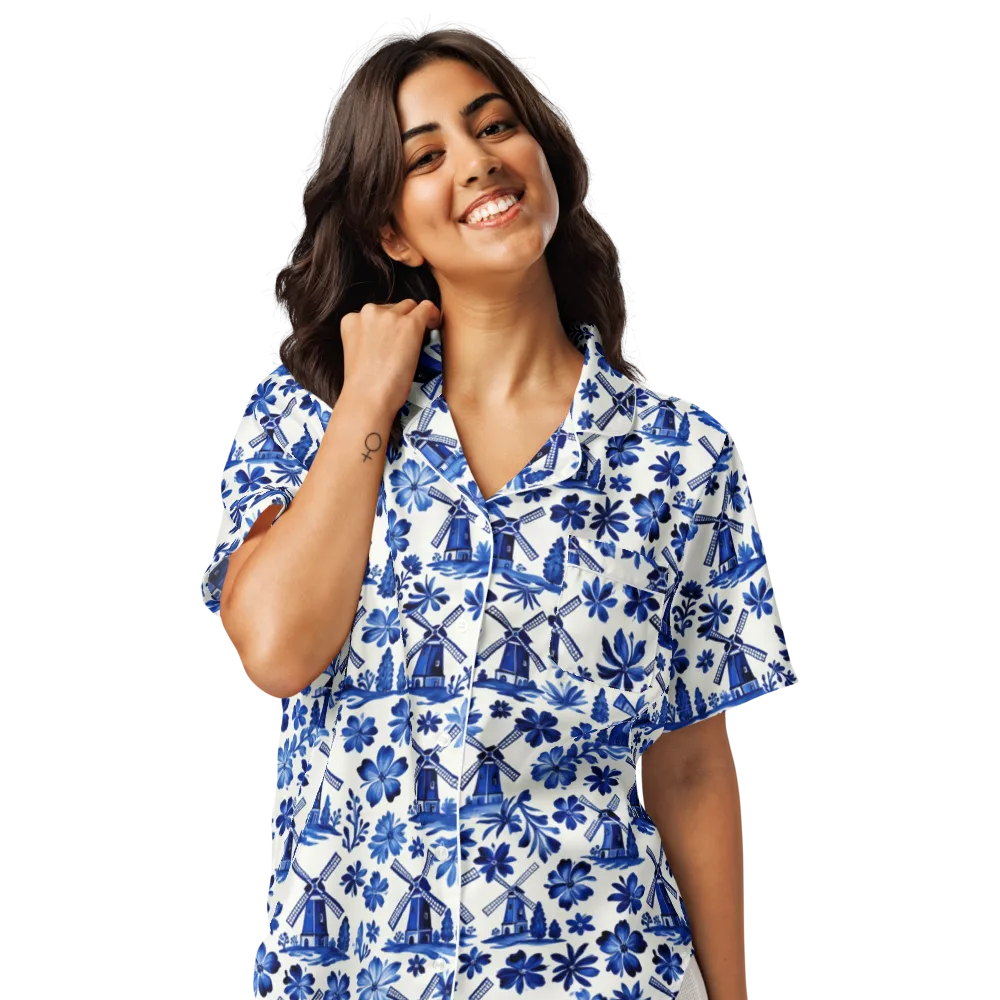 Cobalt Windmill Garden on Women's Short Sleeve Pajama Top — Front