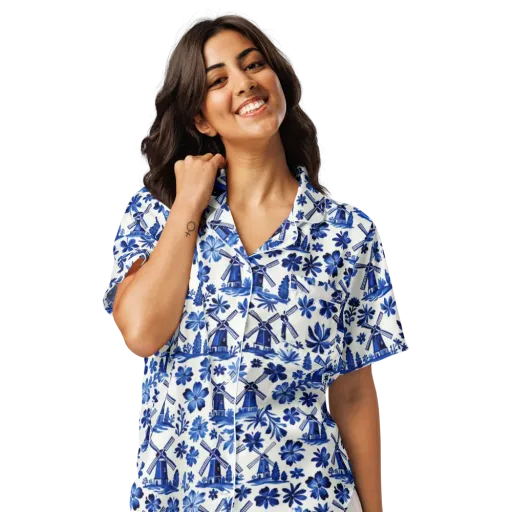 Cobalt Windmill Garden on a Women's Short Sleeve Pajama Top