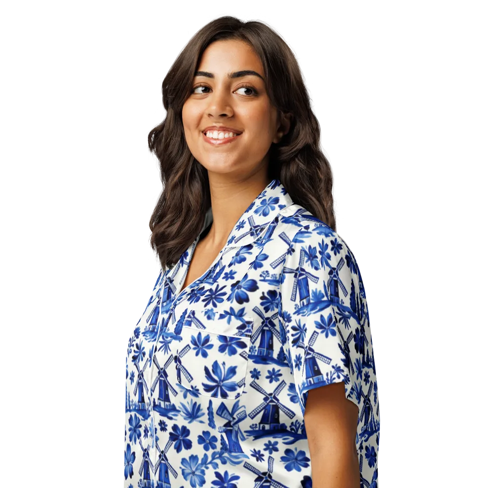 Cobalt Windmill Garden on Women's Short Sleeve Pajama Top — Left Front
