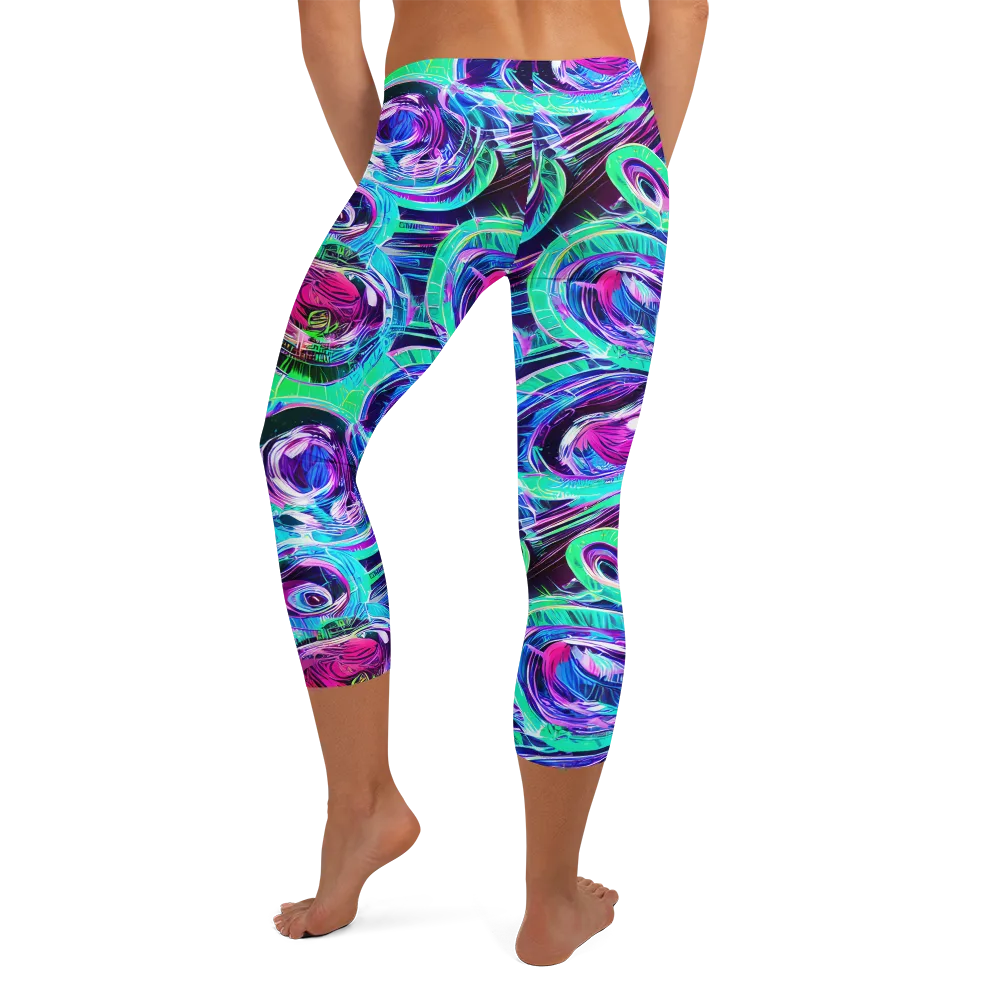 Digital Tidal Wave on Capri Leggings — Back