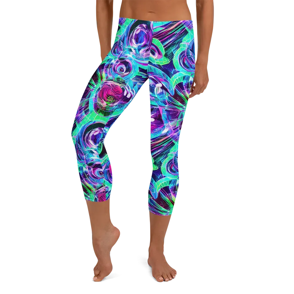 Digital Tidal Wave on Capri Leggings — Front