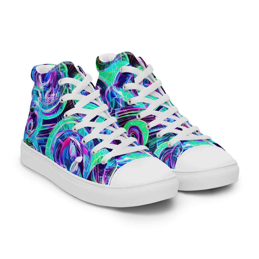Digital Tidal Wave on Men's High Top Canvas Shoes — Right Front