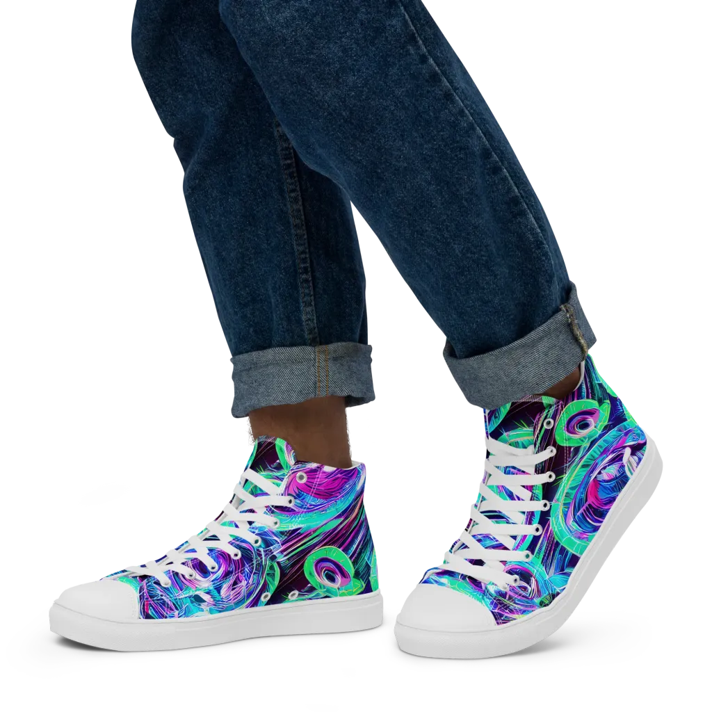 Digital Tidal Wave on Men's High Top Canvas Shoes — Left