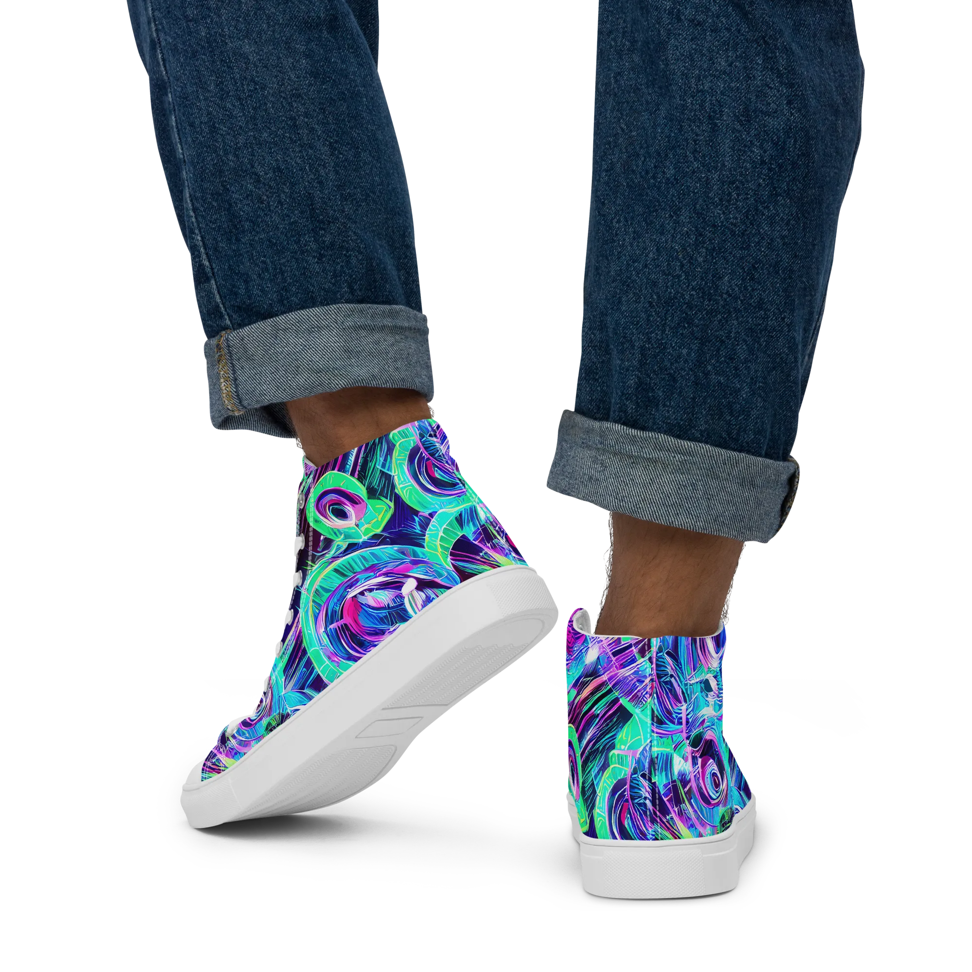 Digital Tidal Wave on Men's High Top Canvas Shoes — Back