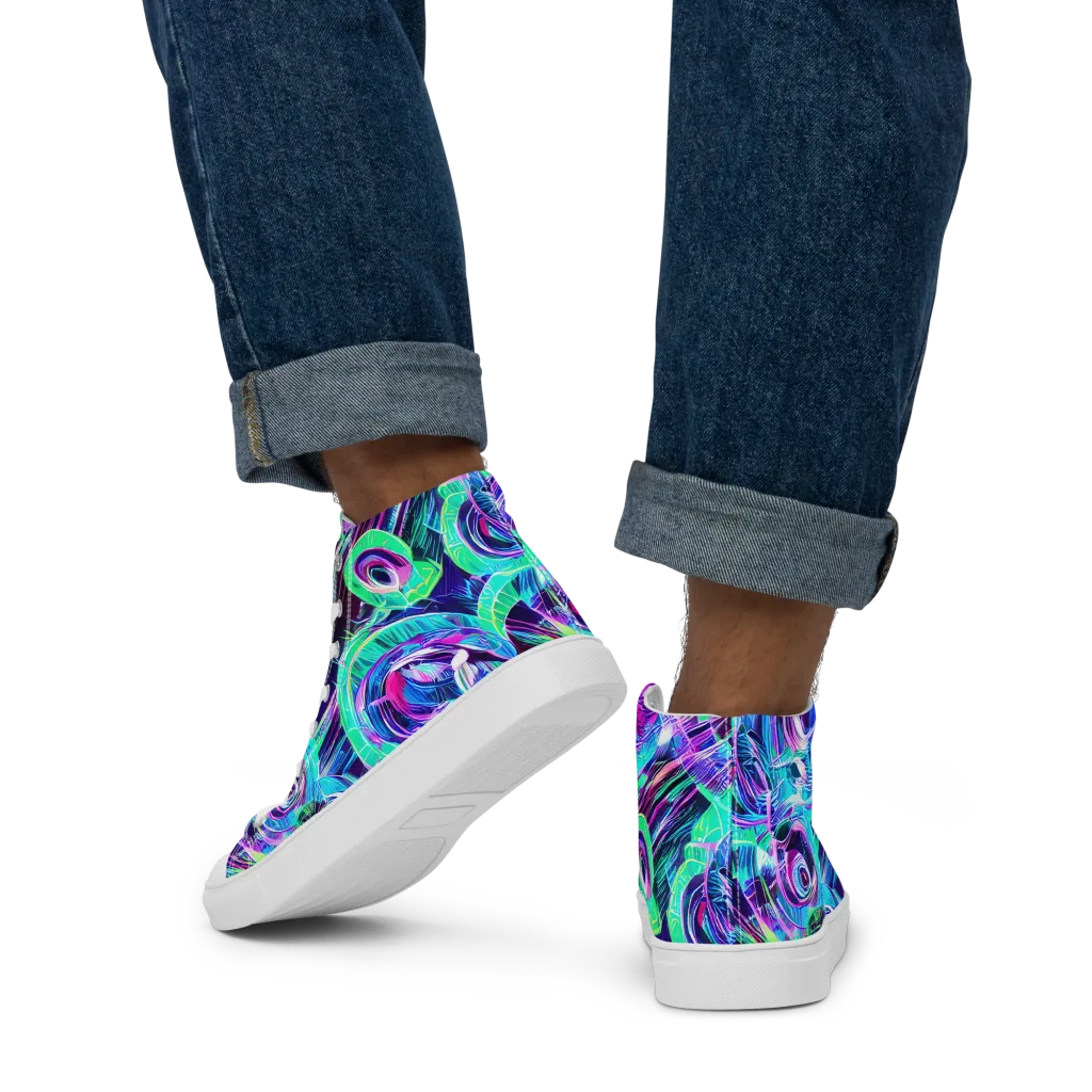 Digital Tidal Wave on Men's High Top Canvas Shoes — Back
