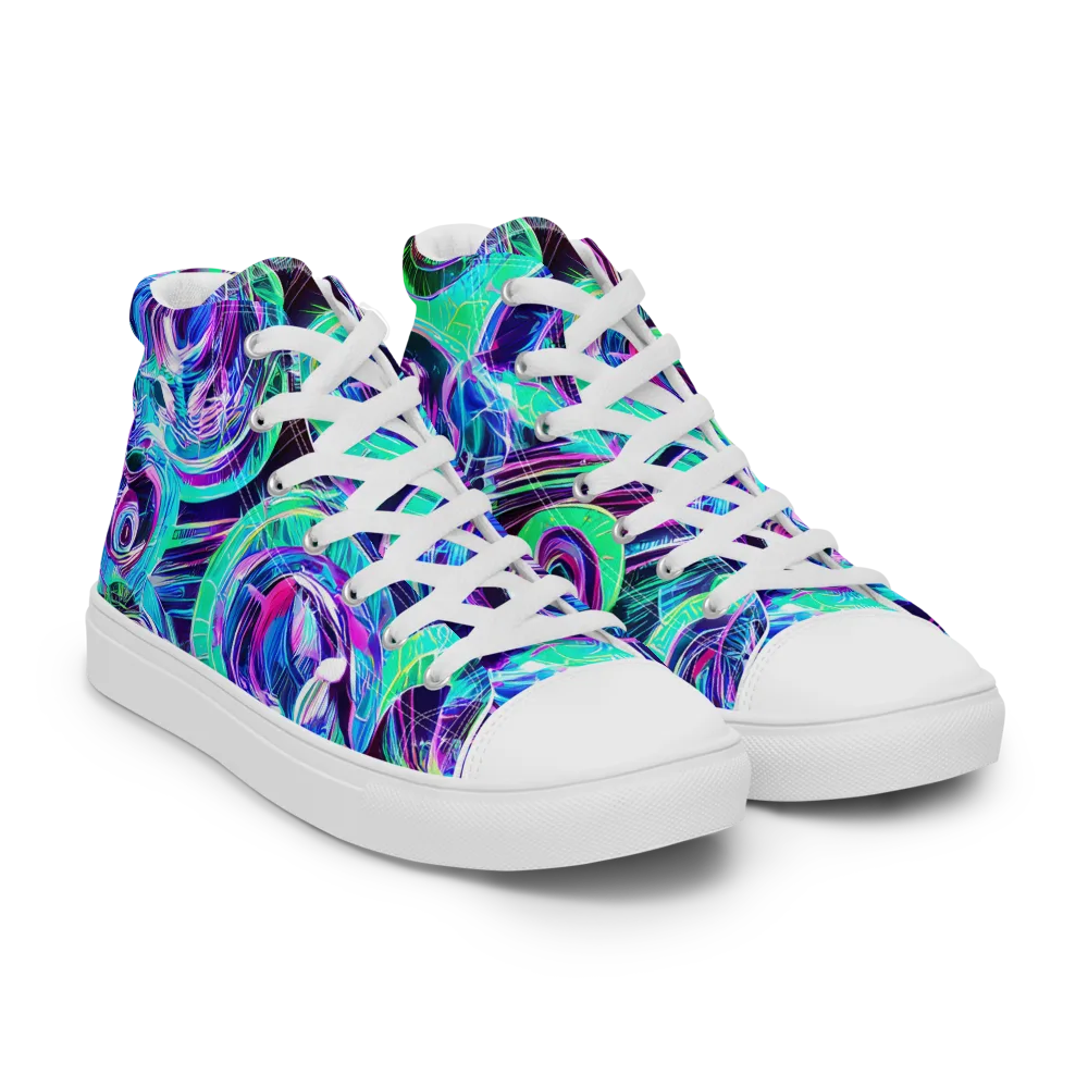 Digital Tidal Wave on Women's High Top Canvas Shoes — Right Front
