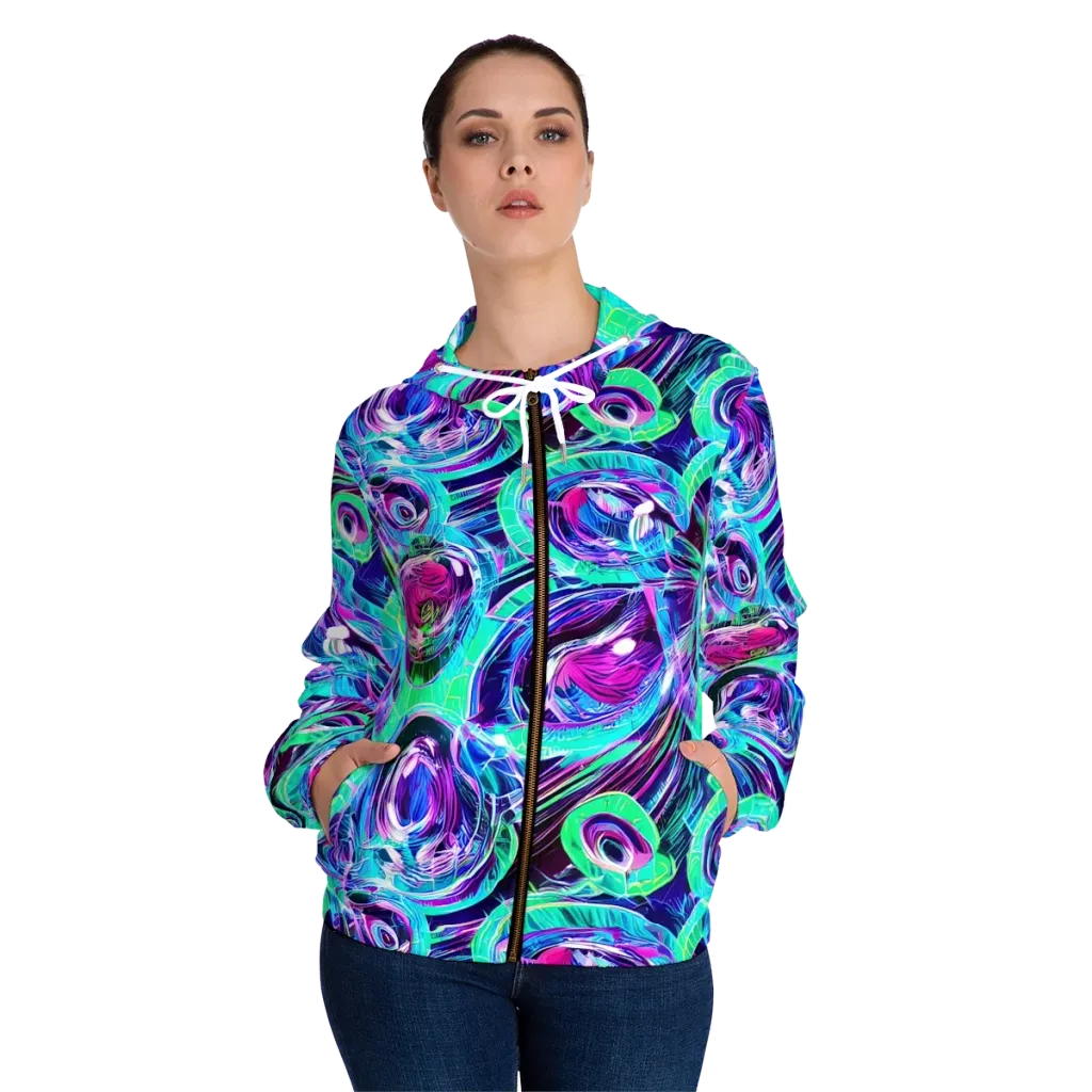 Digital Tidal Wave on Women's Full-Zip Hoodie — Front On Person