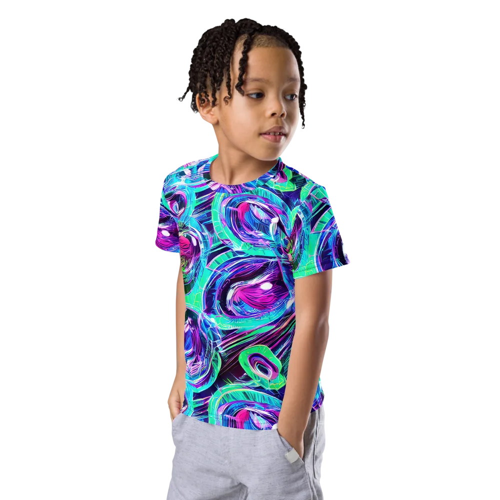 Digital Tidal Wave on Kids Crew Neck T-Shirt — Left Front