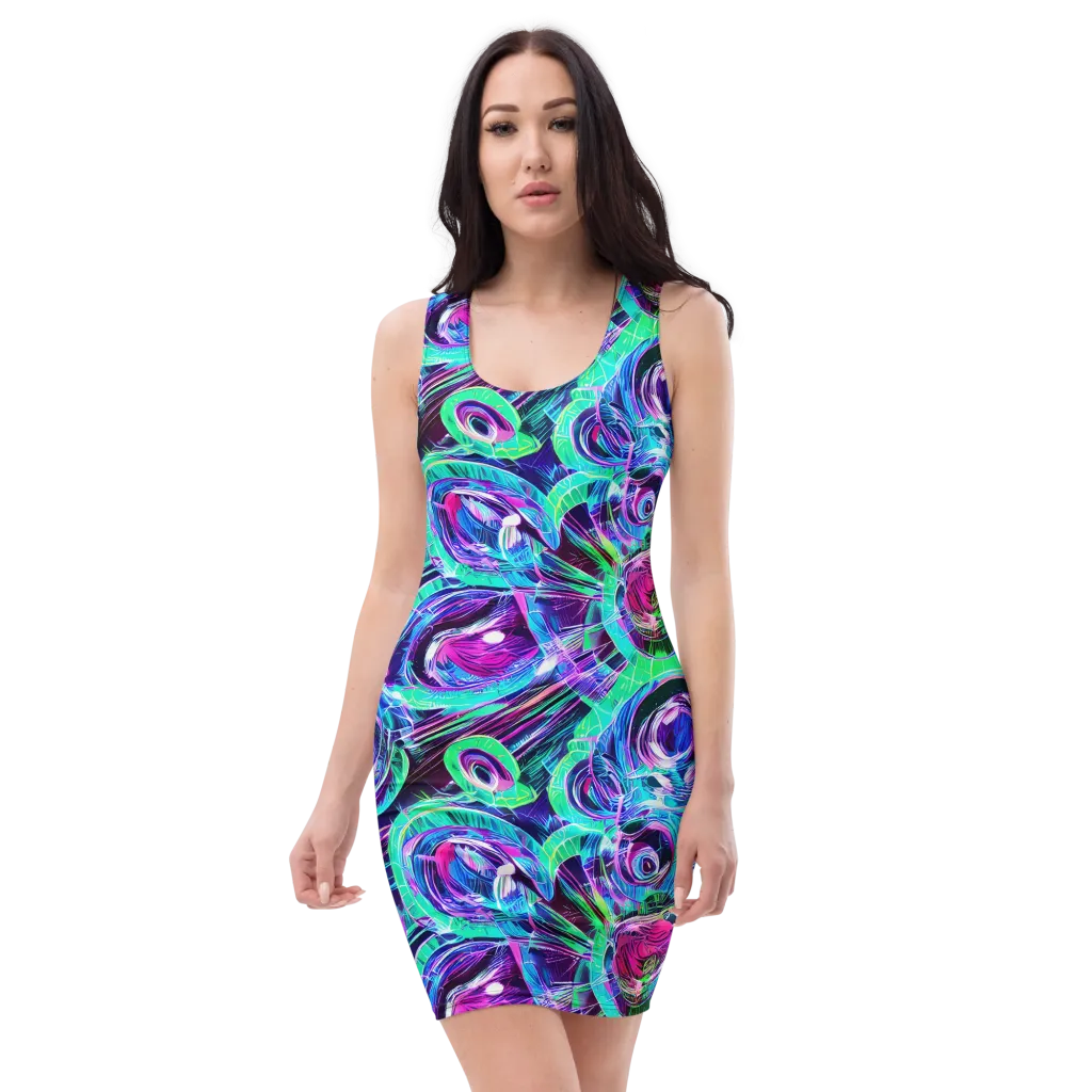 Digital Tidal Wave on Bodycon Dress — Front