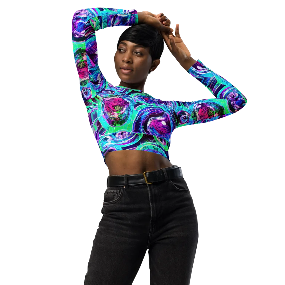 Digital Tidal Wave on Long Sleeve Crop Top — Front