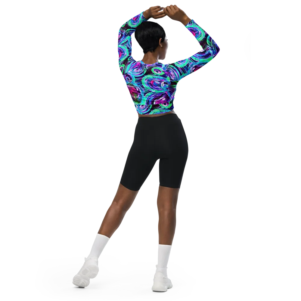 Digital Tidal Wave on Long Sleeve Crop Top — Back