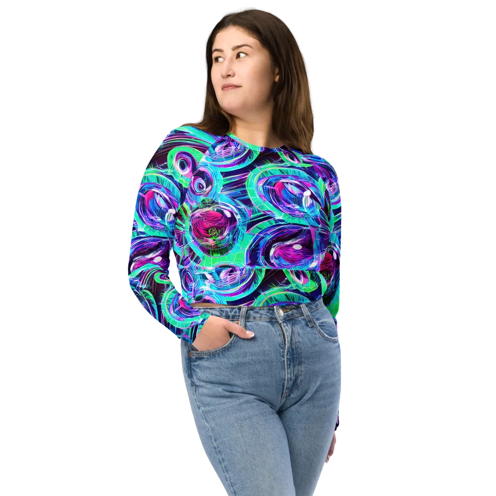 Digital Tidal Wave on Long Sleeve Crop Top — Front