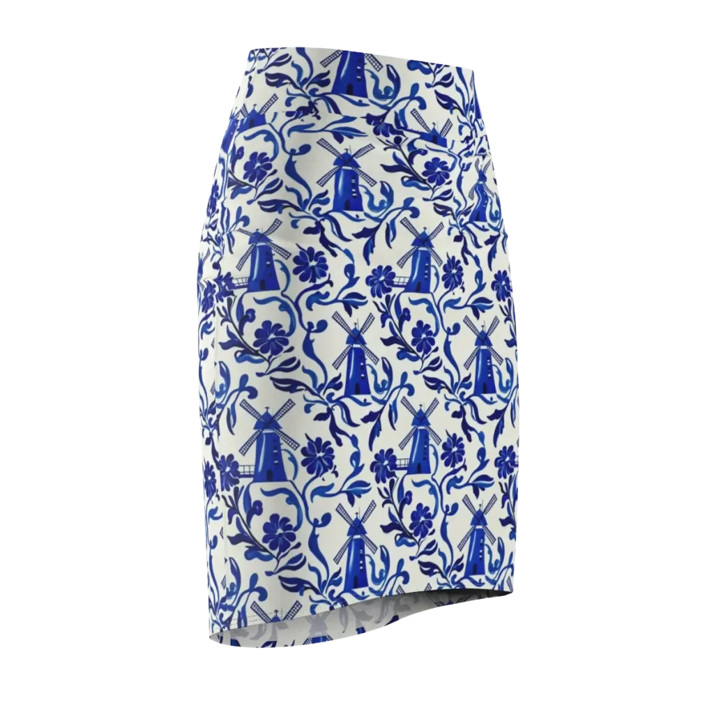 Blue Delft Breeze on Pencil Skirt — Front Side