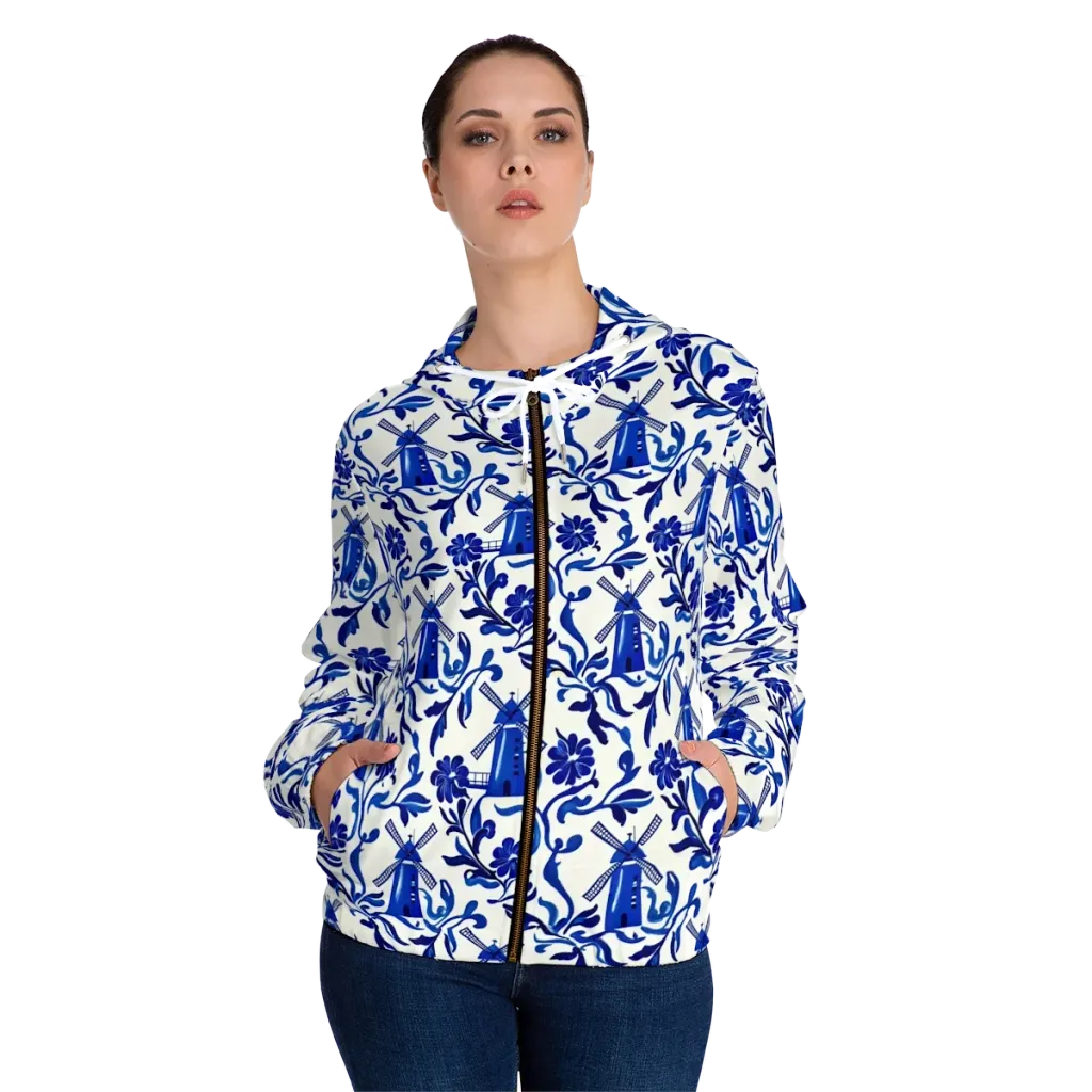 Blue Delft Breeze on Women's Full-Zip Hoodie — Front On Person