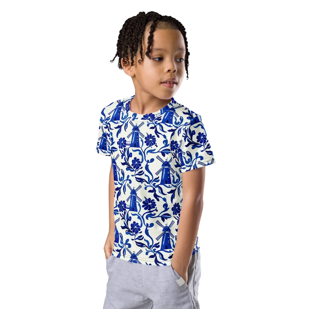 Blue Delft Breeze on Kids Crew Neck T-Shirt — Left Front