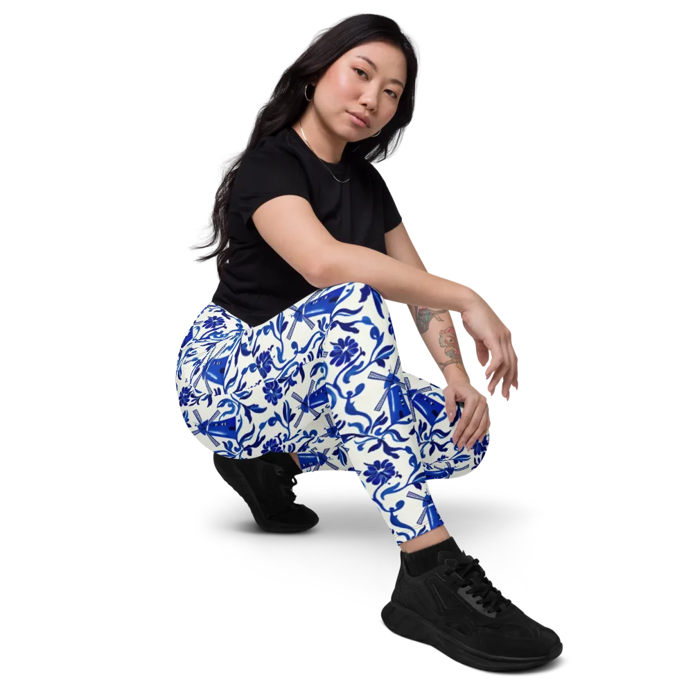 Blue Delft Breeze on Leggings with Pockets — Right Front