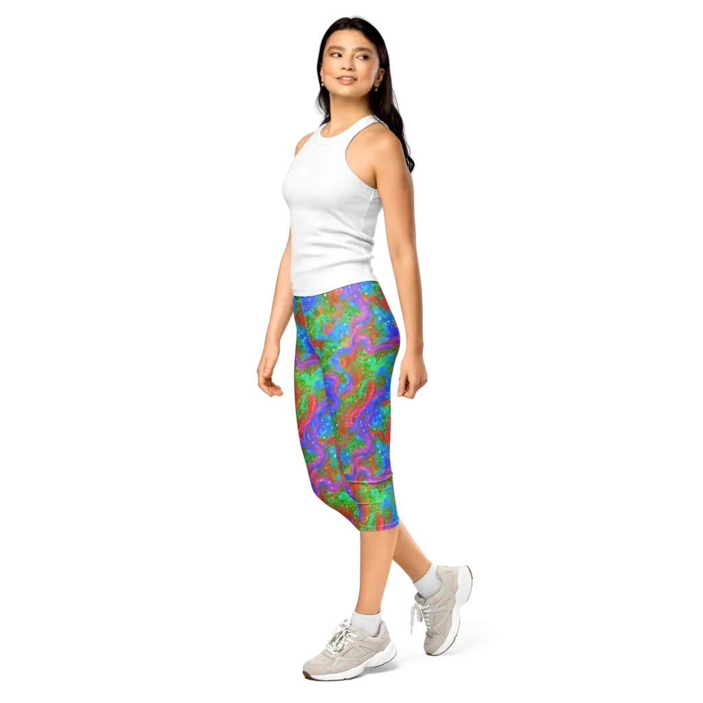 Psychedelic Cascade on Capri Leggings — Left Front