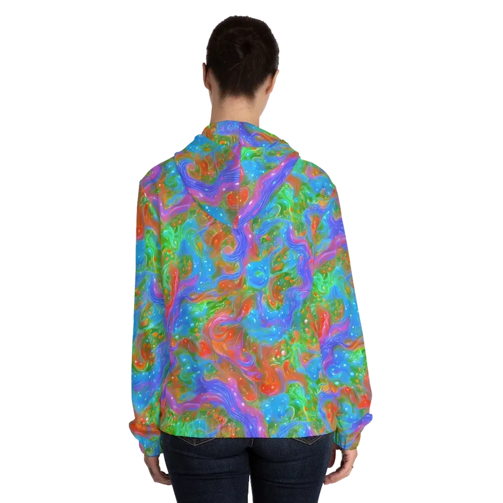 Psychedelic Cascade on Women's Full-Zip Hoodie — Back On Person