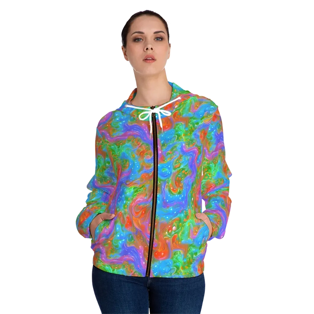Psychedelic Cascade on Women's Full-Zip Hoodie — Front On Person