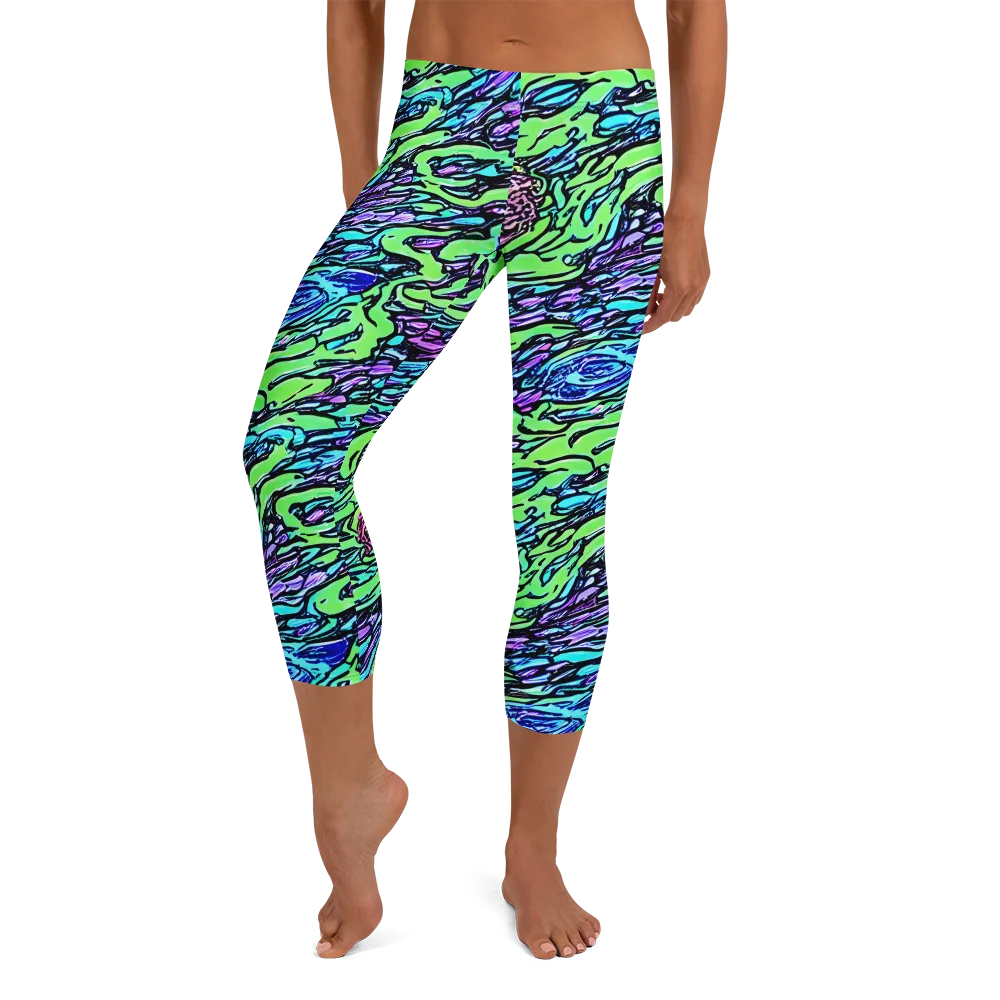 Neon Bloom Current on Capri Leggings — Front