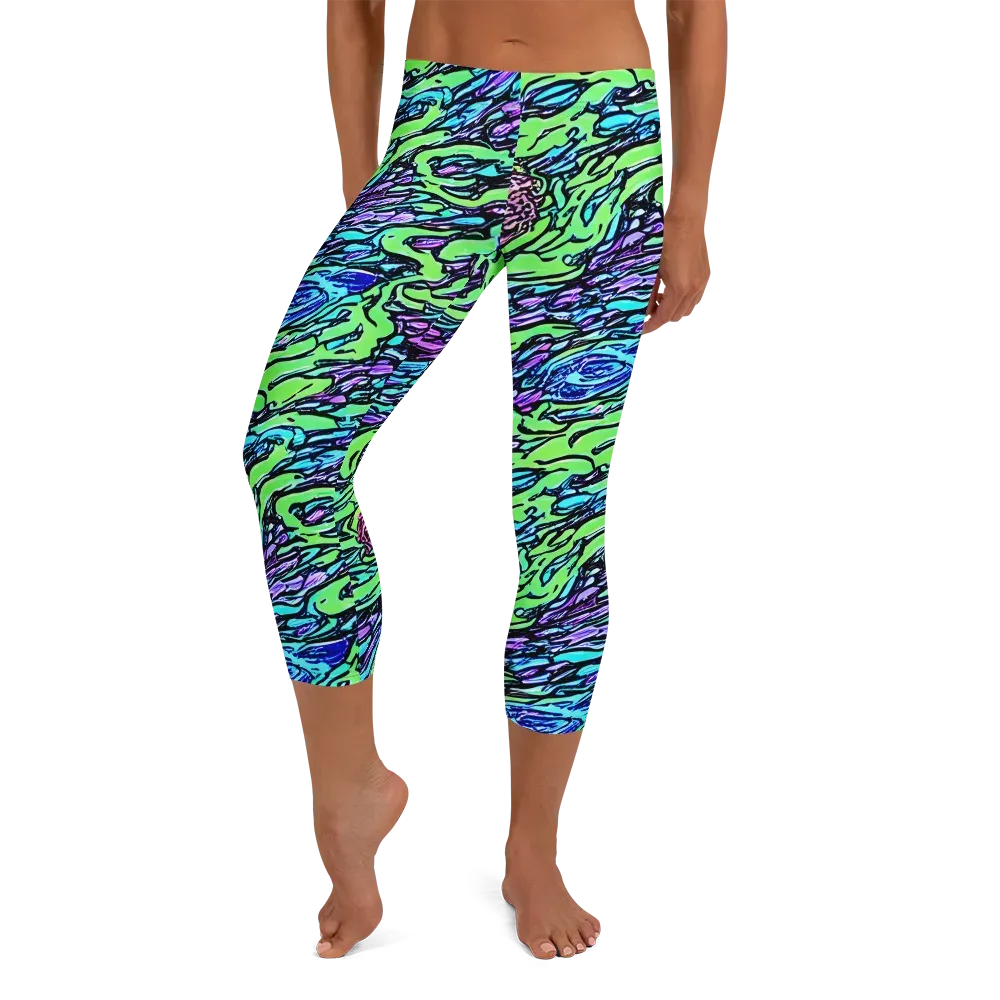Neon Bloom Current on Capri Leggings — Front