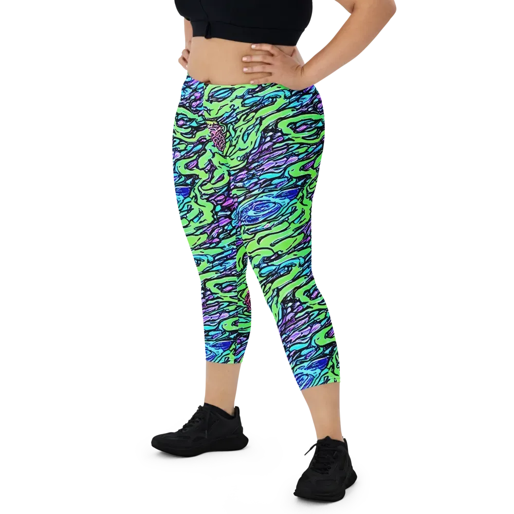 Neon Bloom Current on Capri Leggings — Front