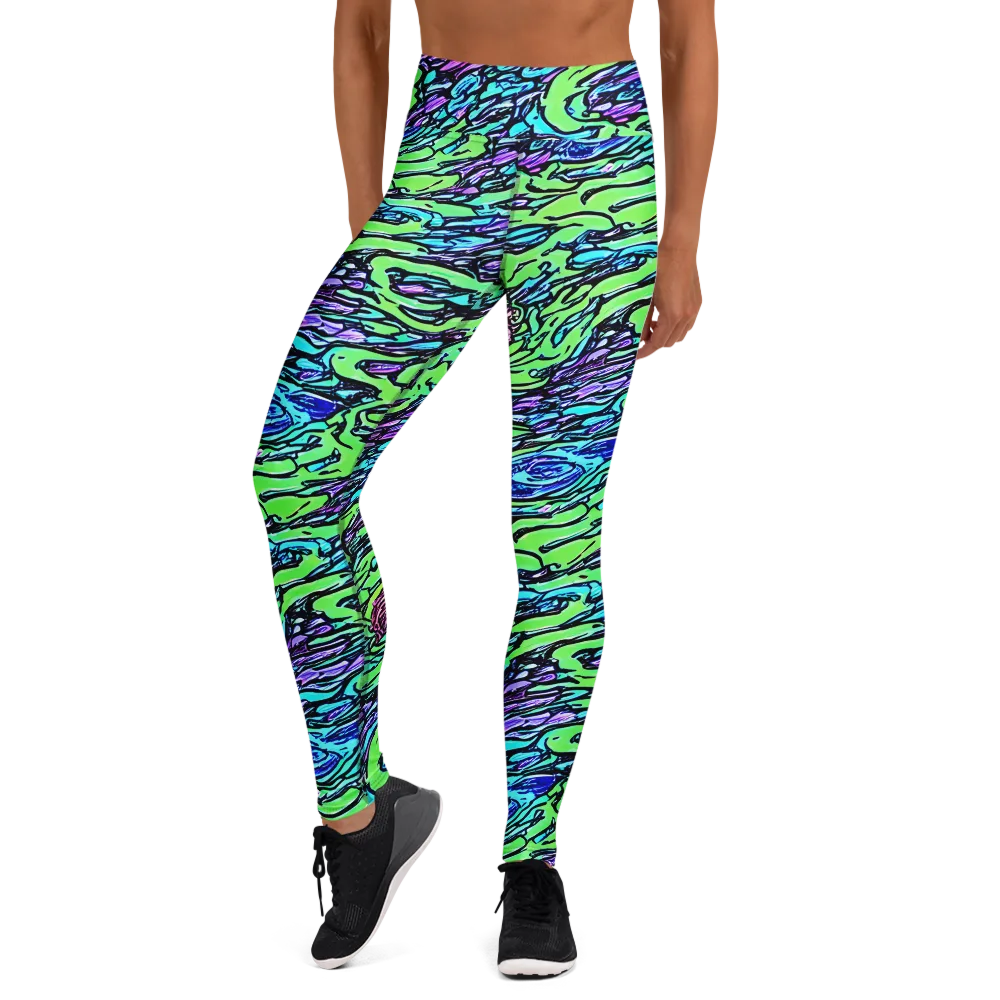 Neon Bloom Current on Yoga Leggings — Front