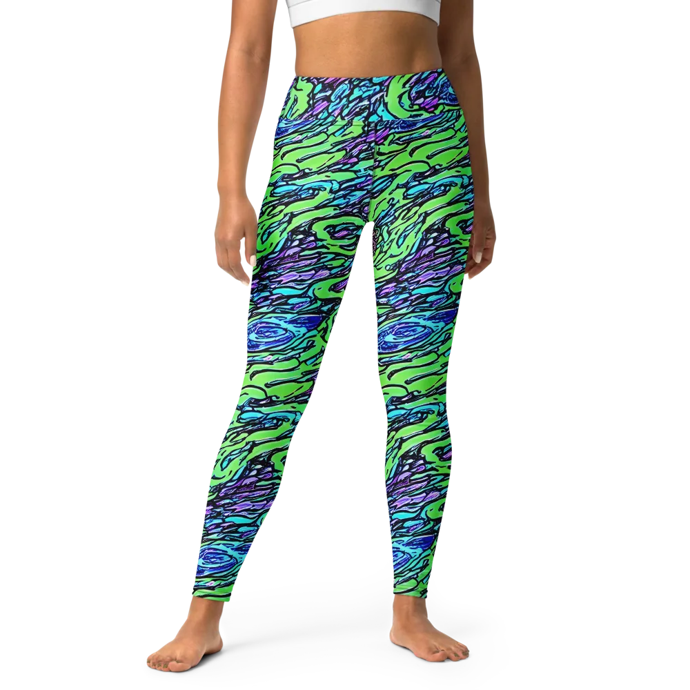 Neon Bloom Current on Yoga Leggings — Front