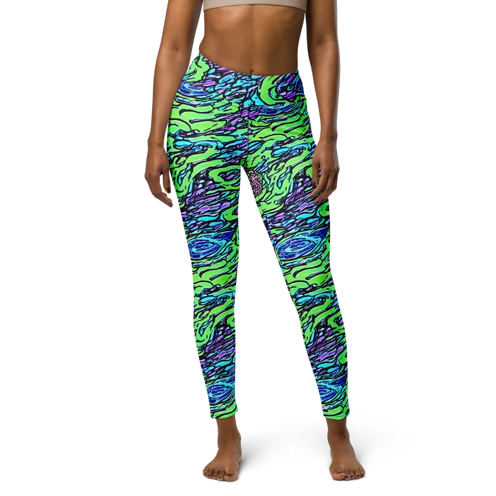 Neon Bloom Current on Yoga Leggings — Front