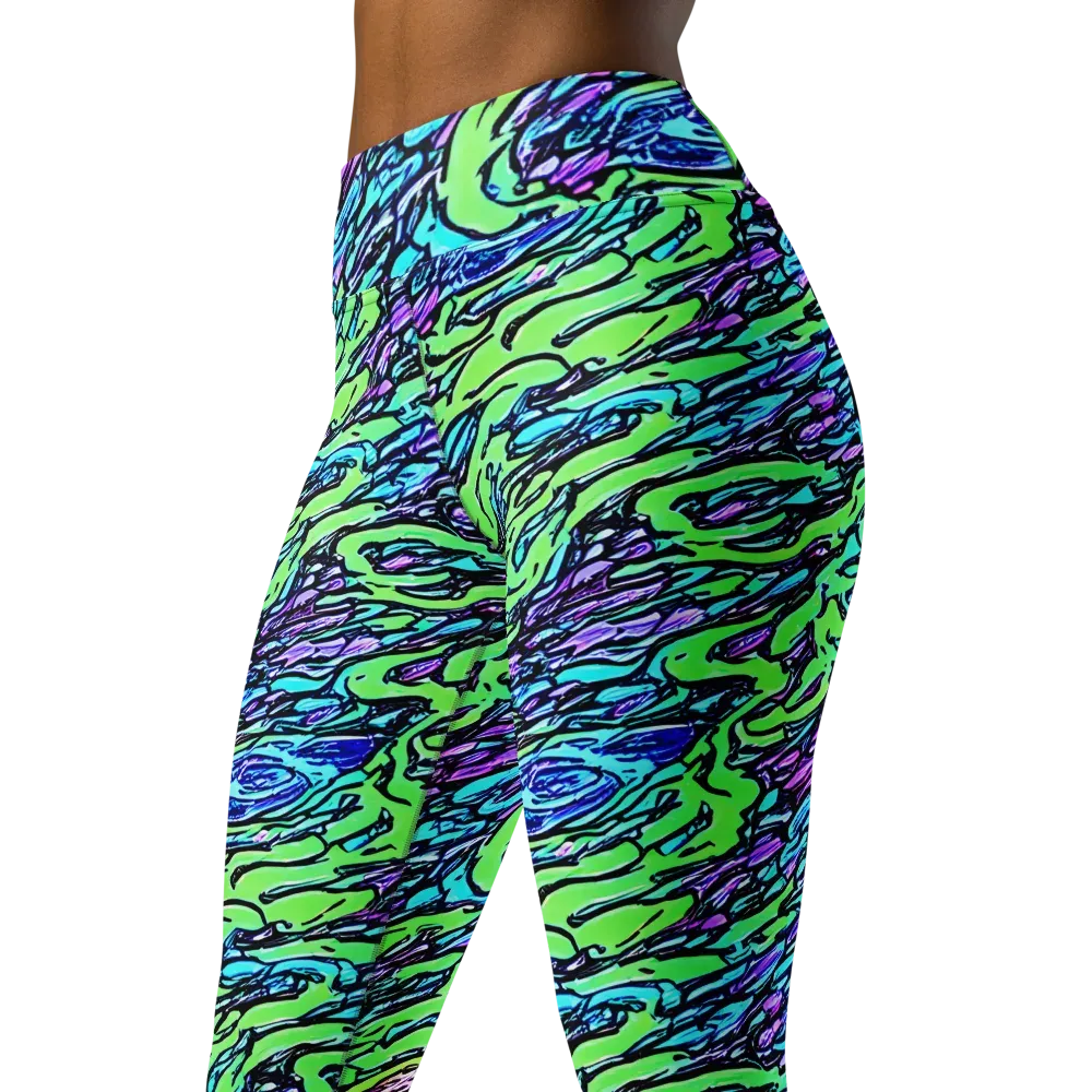 Neon Bloom Current on Yoga Leggings — Left Front