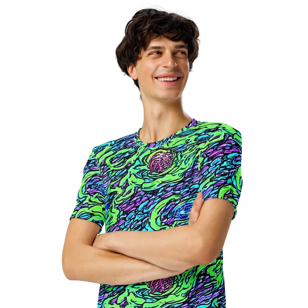 Neon Bloom Current on Men's Crew Neck T-Shirt — Left Front