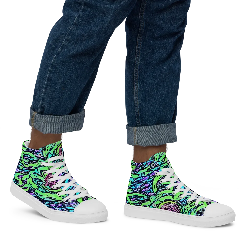 Neon Bloom Current on Men's High Top Canvas Shoes — Right