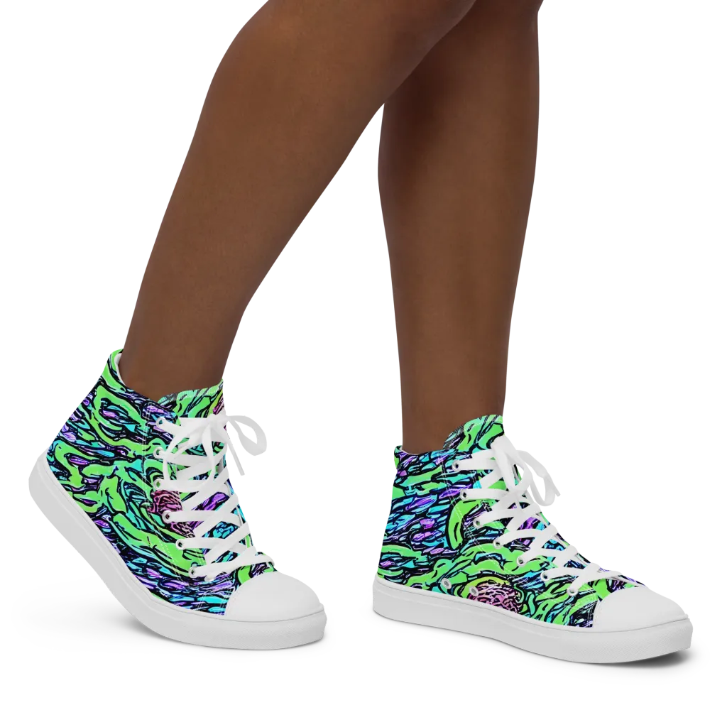 Neon Bloom Current on Women's High Top Canvas Shoes — Right