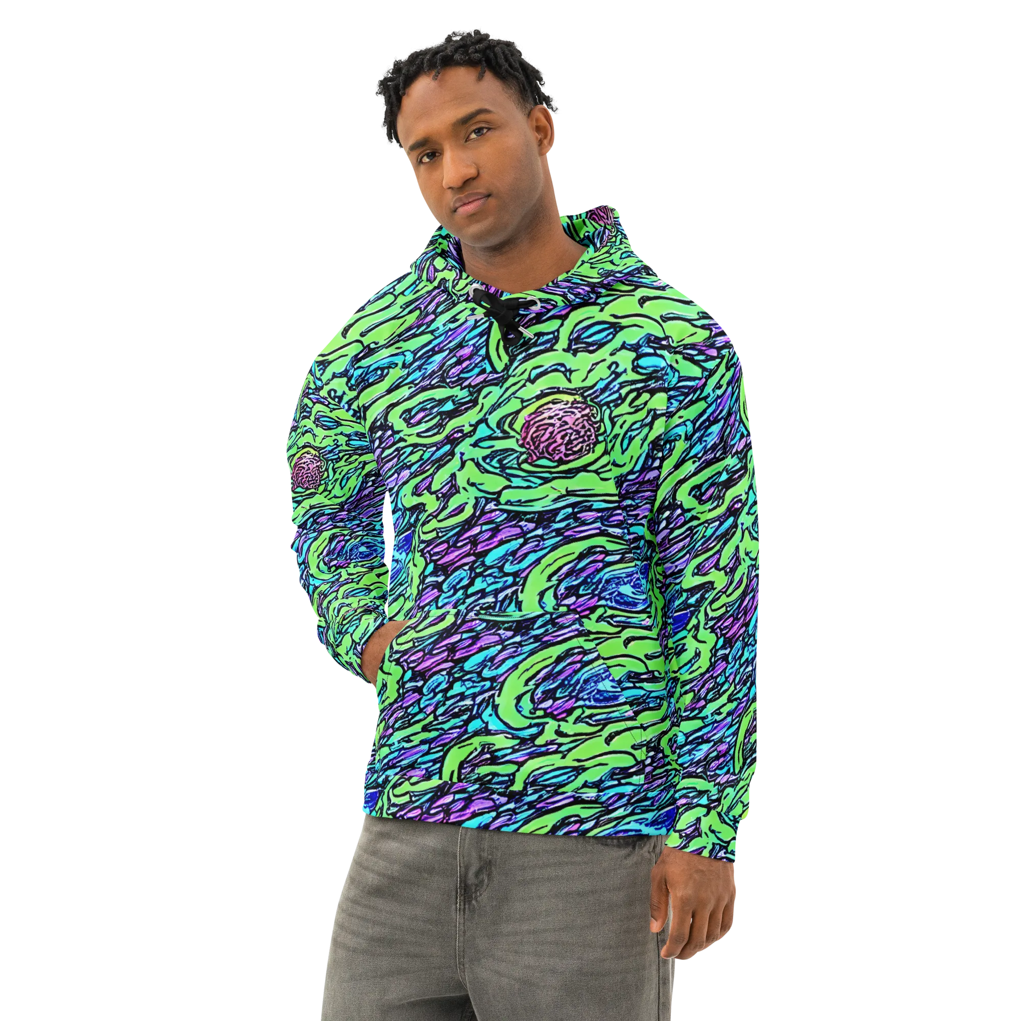 Neon Bloom Current on Cotton Hoodie — Left Front