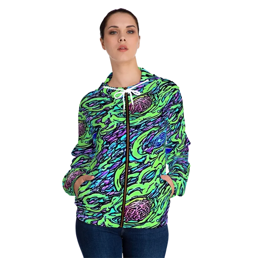 Neon Bloom Current on Women's Full-Zip Hoodie — Front On Person